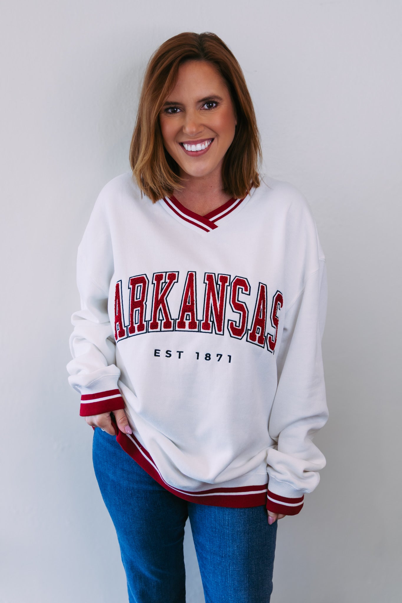 Arkansas Allen Chenille Varsity V-Neck - Crimson/White