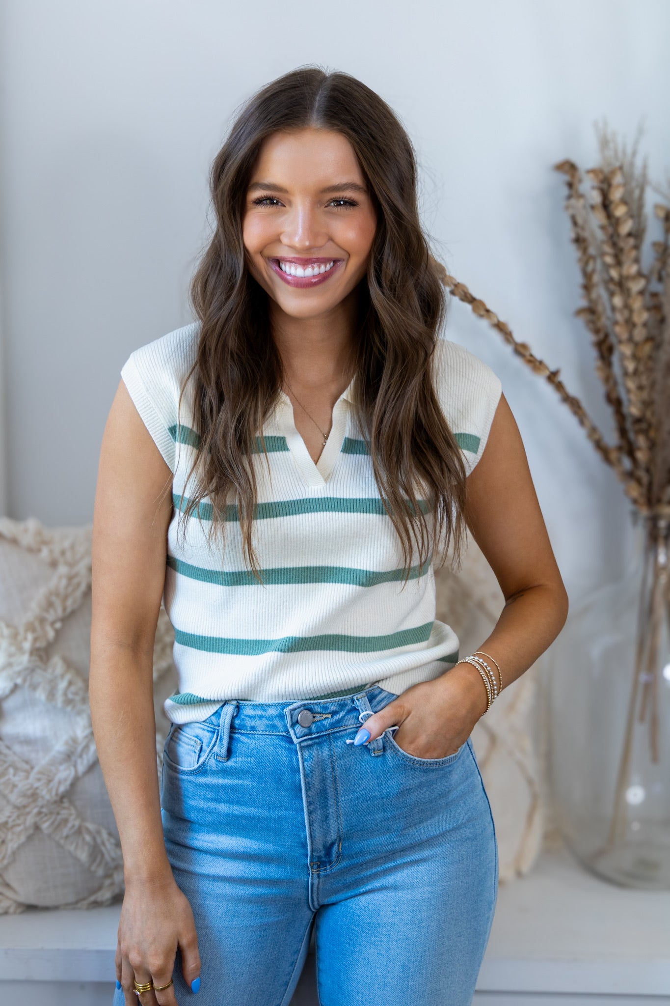 Colette Collared Knit Tank - Sage/Cream Stripes