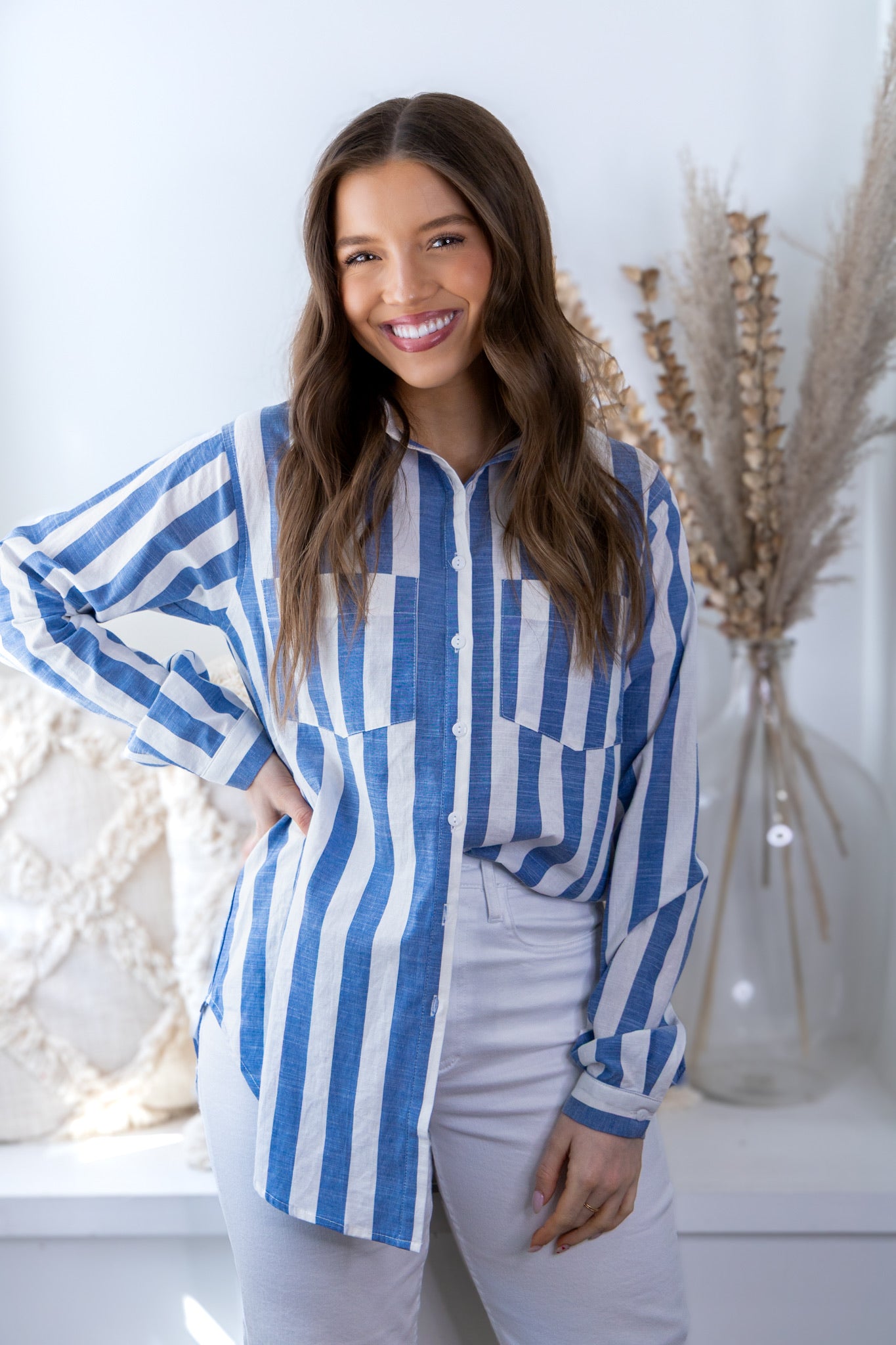 Sylvia Striped Oversized Button Front - Blue