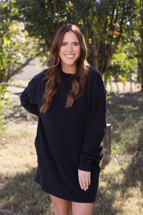 Long Sleeve Fall Knit T-Shirt Dress - Black