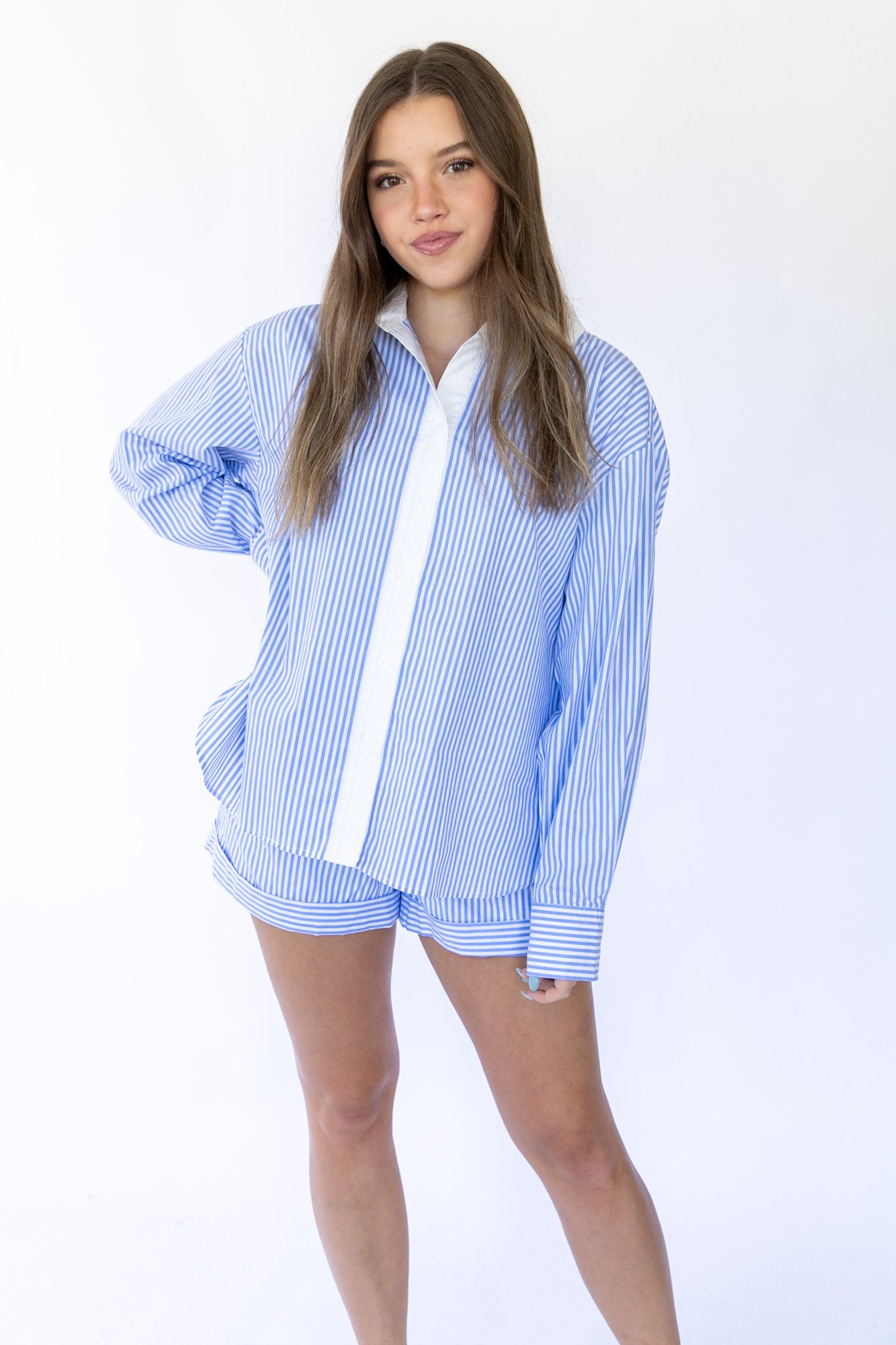 For The Ladies Striped LS Button Front Top