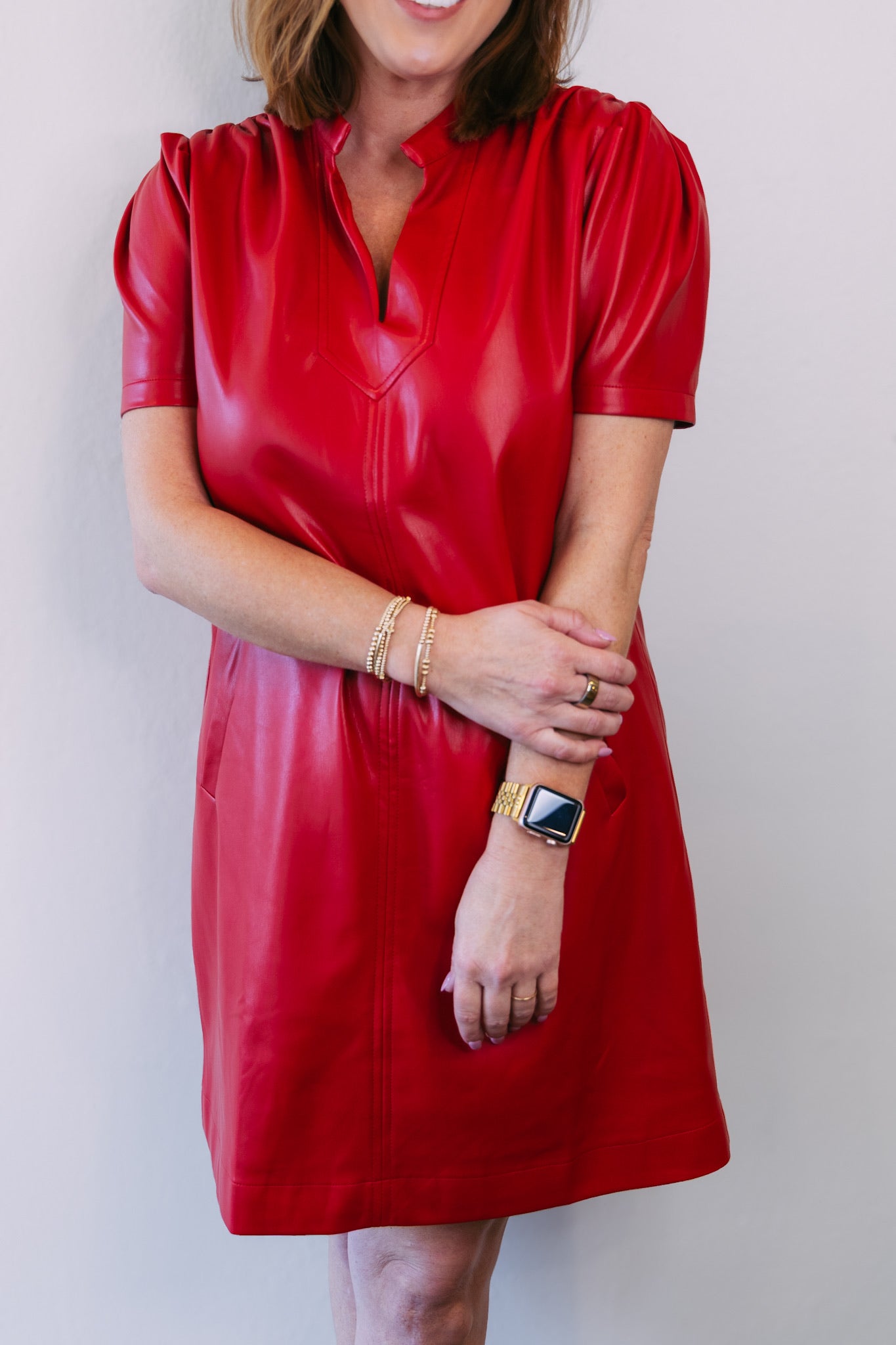 Red Vegan Leather Pocket Chemise Dress