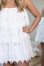 Floral Lace Tiered Mini Dress - White