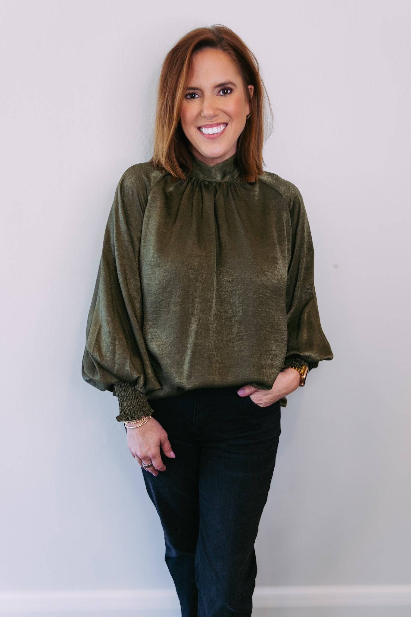 Olive Satin Long Sleeve Blouse