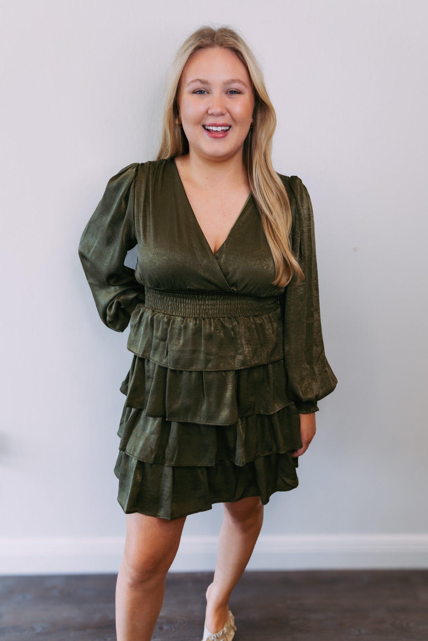 Olive Satin Tiered Dress
