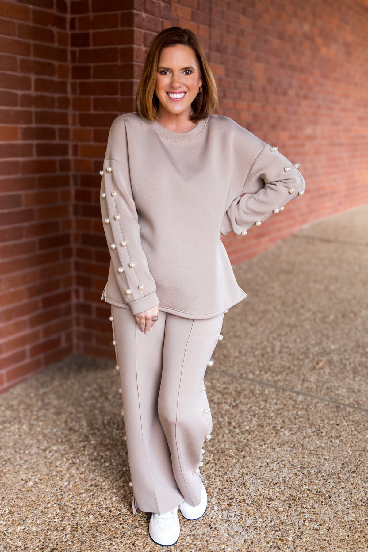 Katri French Scuba Pearl Top - Taupe