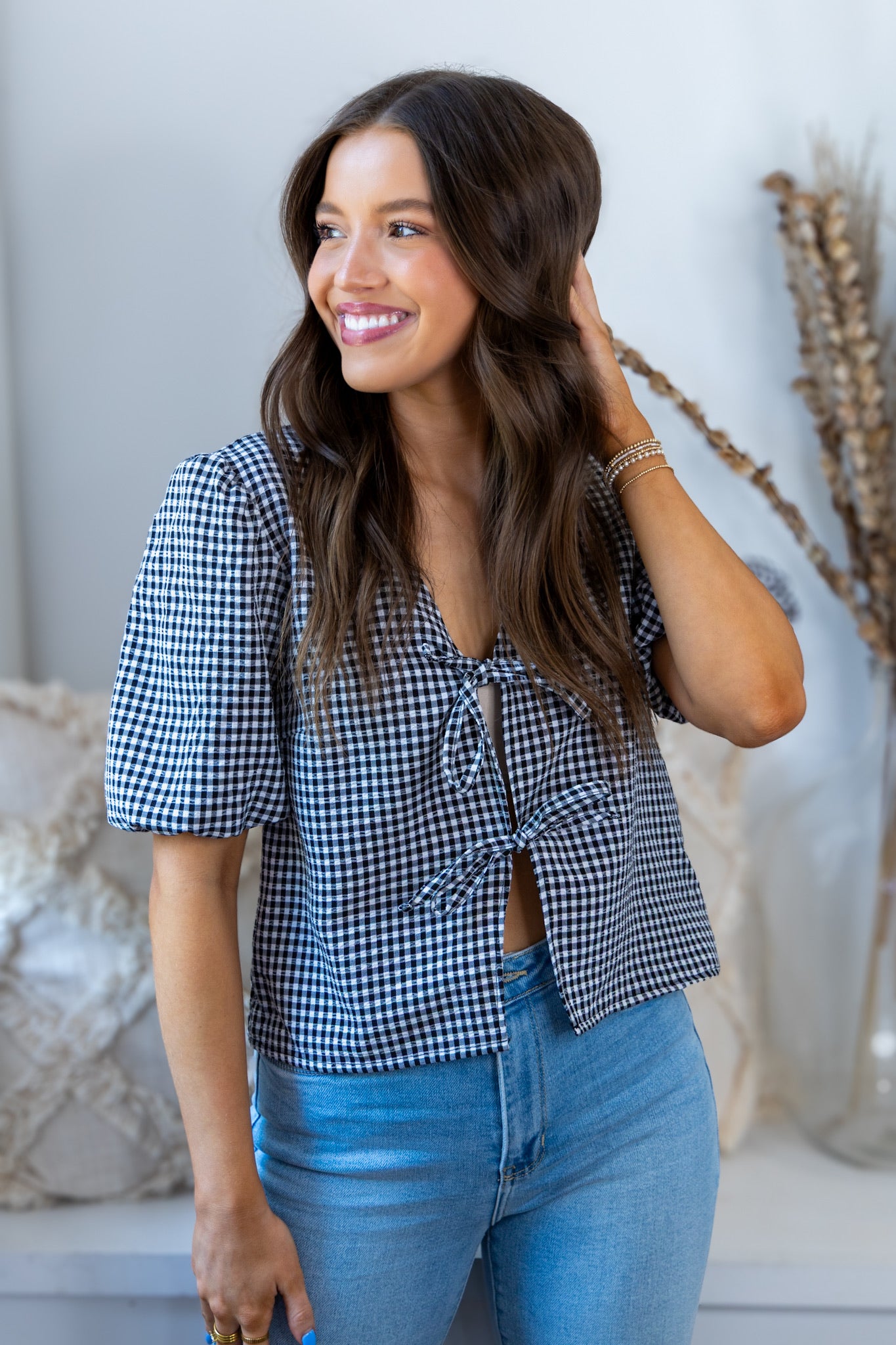 Gigi Gingham Tie Front Top - Black