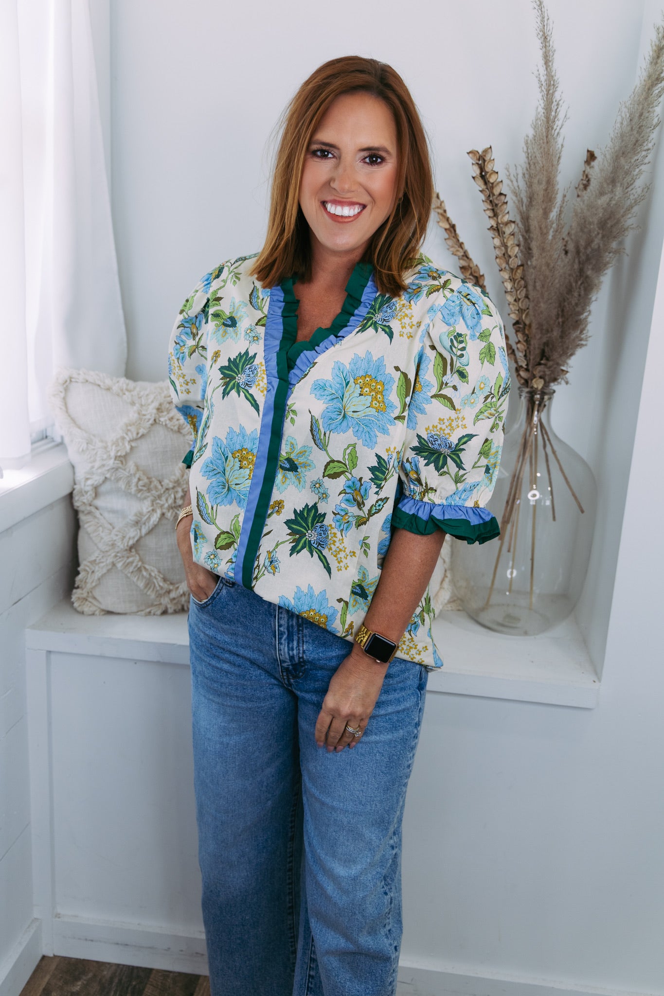 Curvy Charleston Ruffle Trim Top - Ecru