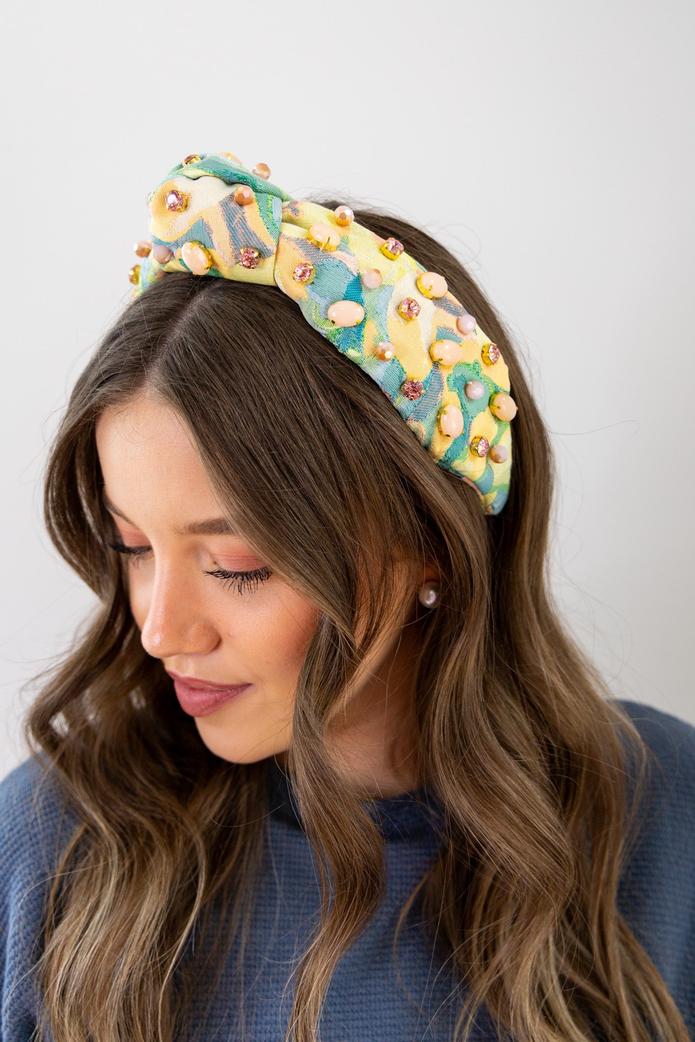 Brianna Cannon: Peach and Green Floral With Cabochons and Crystals Headband