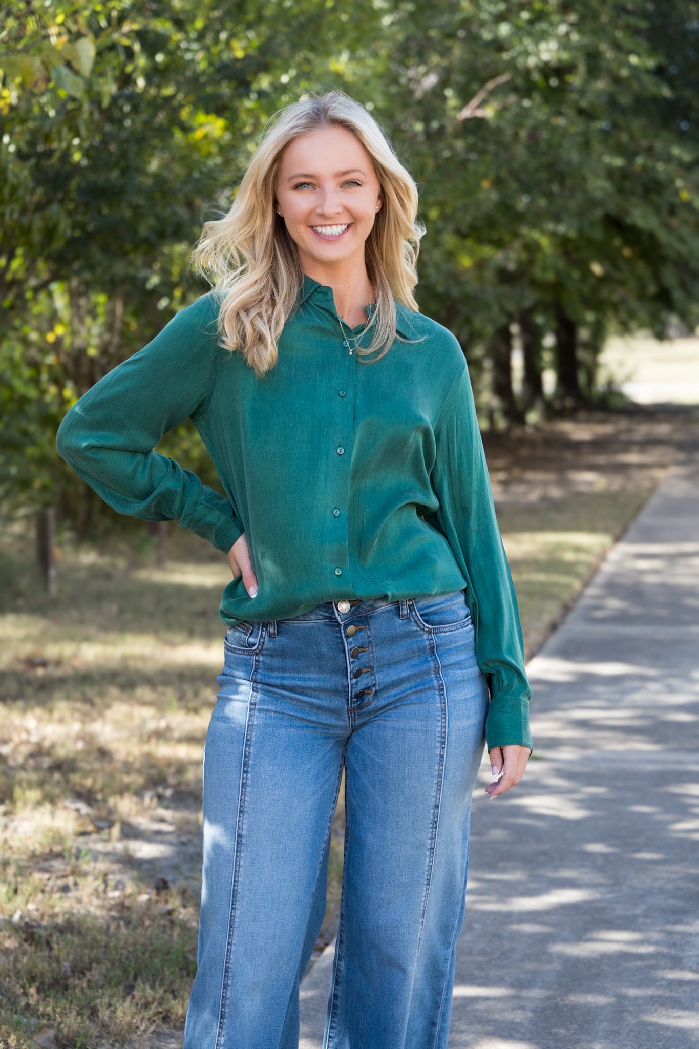 Birdie Button Down Blouse - Deep Emerald