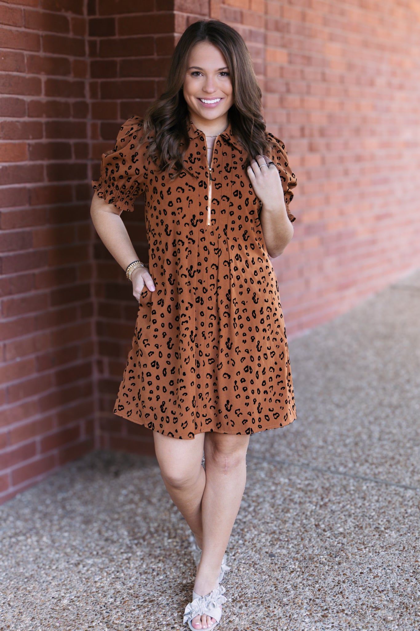 Brown Leopard Front Zip Darts Dress