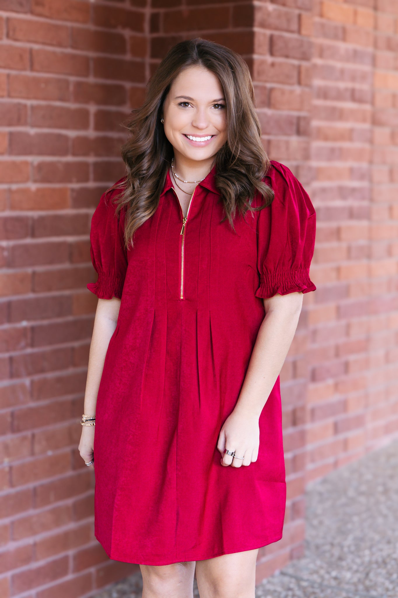 Wine Front Zip Darts Dress