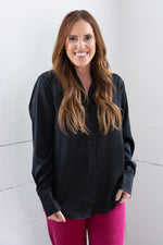 Sassy Satin Button Front Blouse - Black