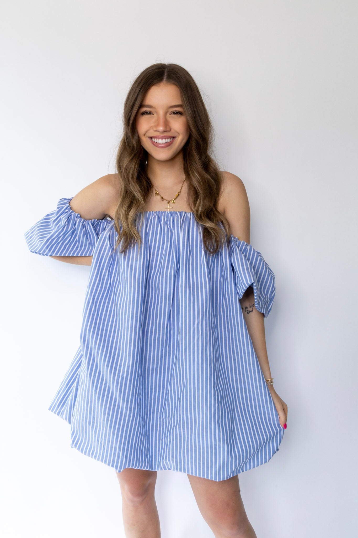 Luna Off Shoulder Bubble Dress- Blue Stripe