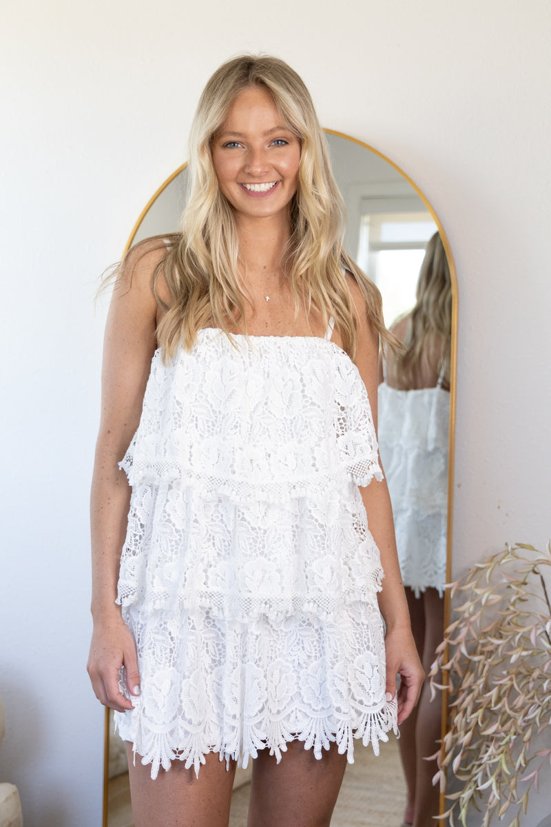 Floral Lace Tiered Mini Dress - White
