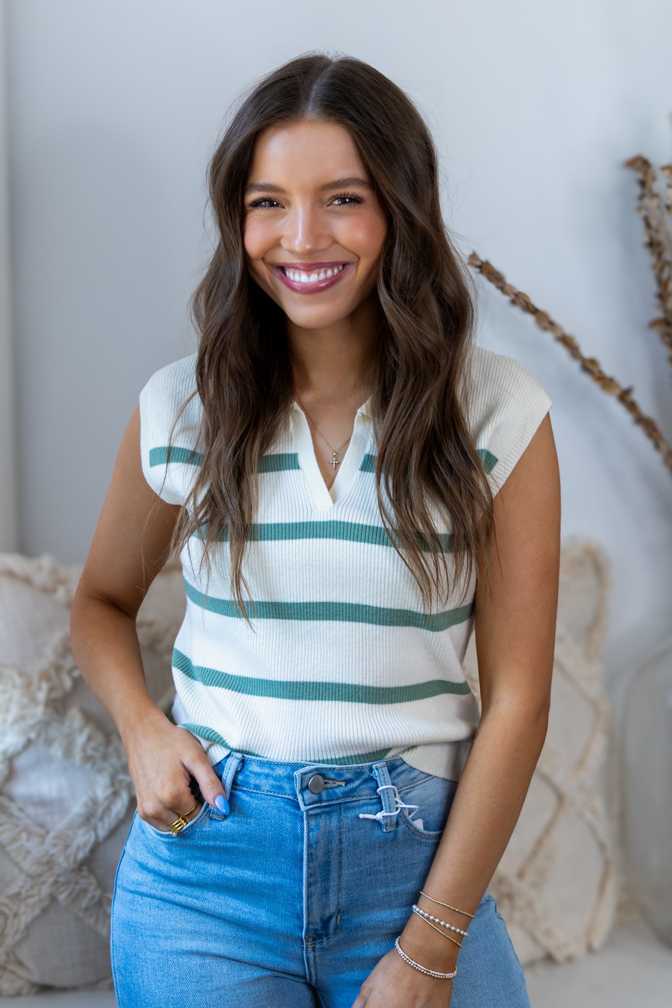 Colette Collared Knit Tank - Sage/Cream Stripes