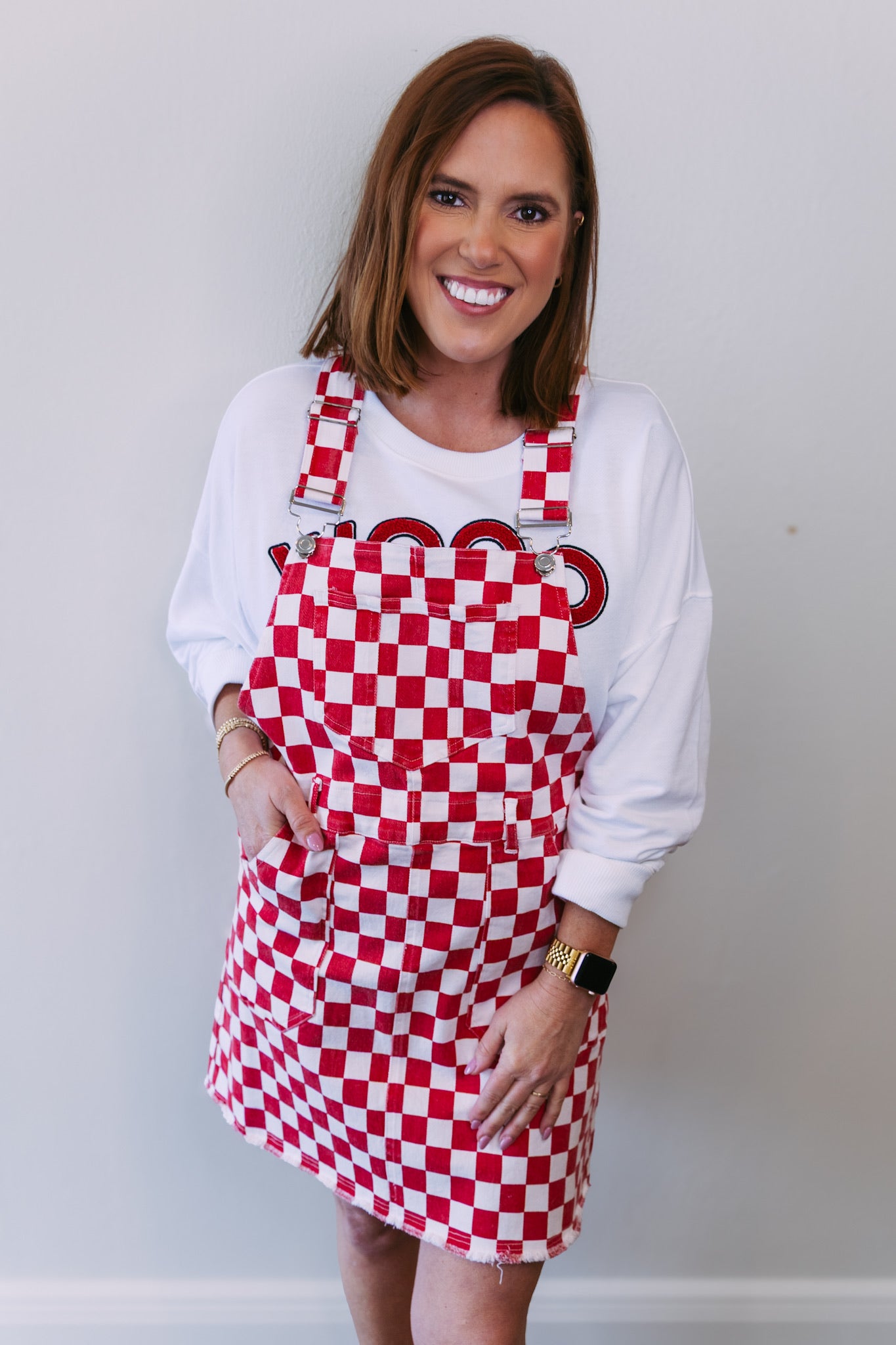 Checkered Denim Overall Dress