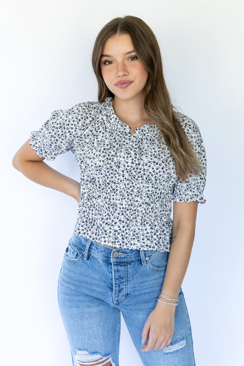 Black & White Florals Smocked Top