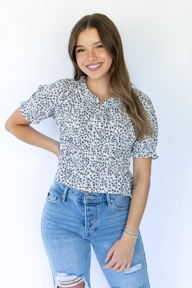 Black & White Florals Smocked Top