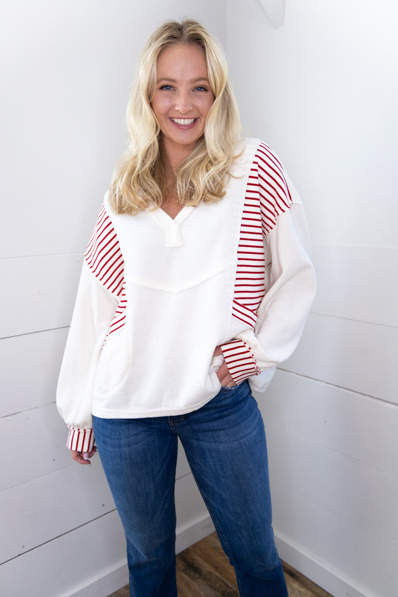 Oversized Striped Waffle Top - Ivory