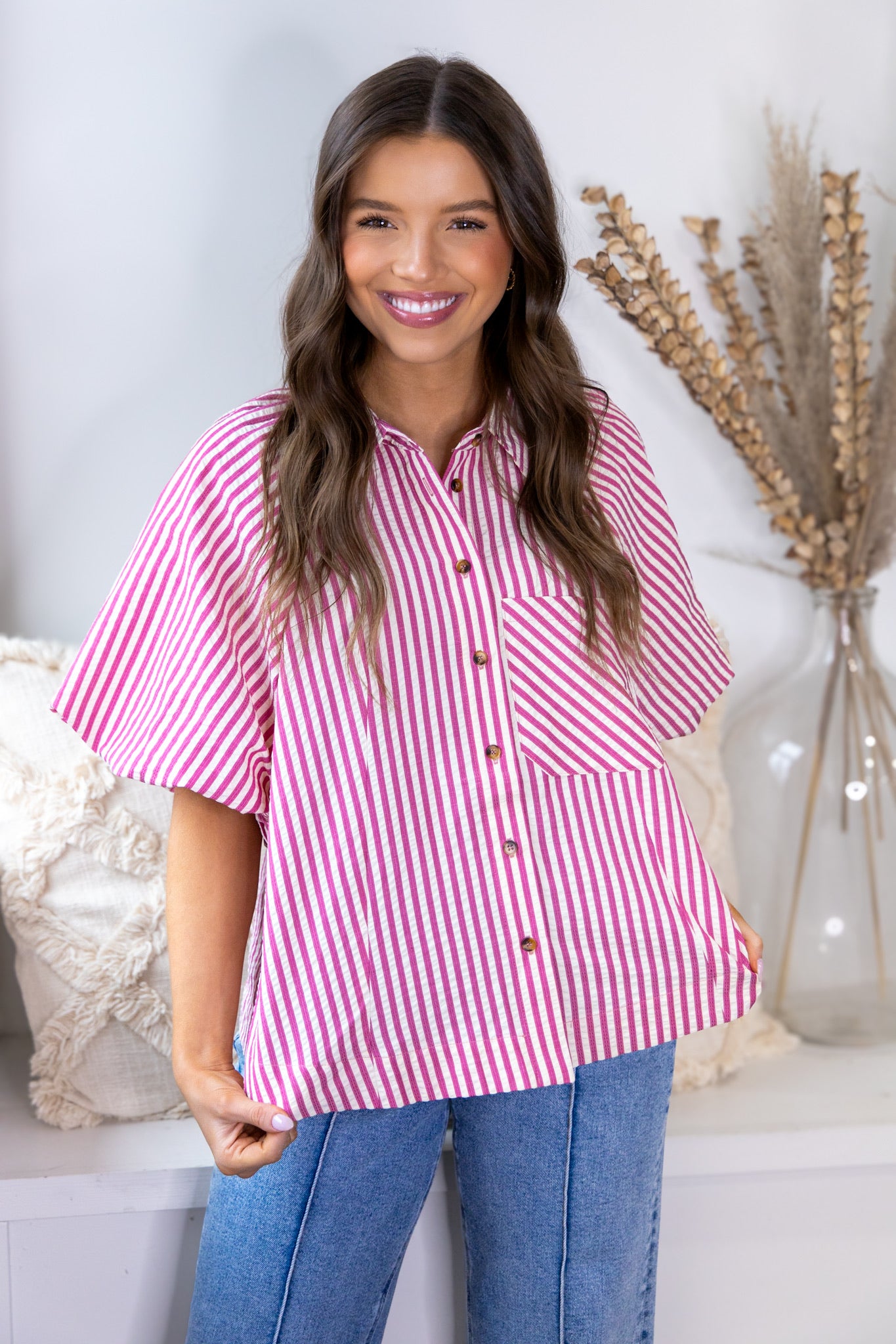 Pink Raspberry Bubble Button Down Top