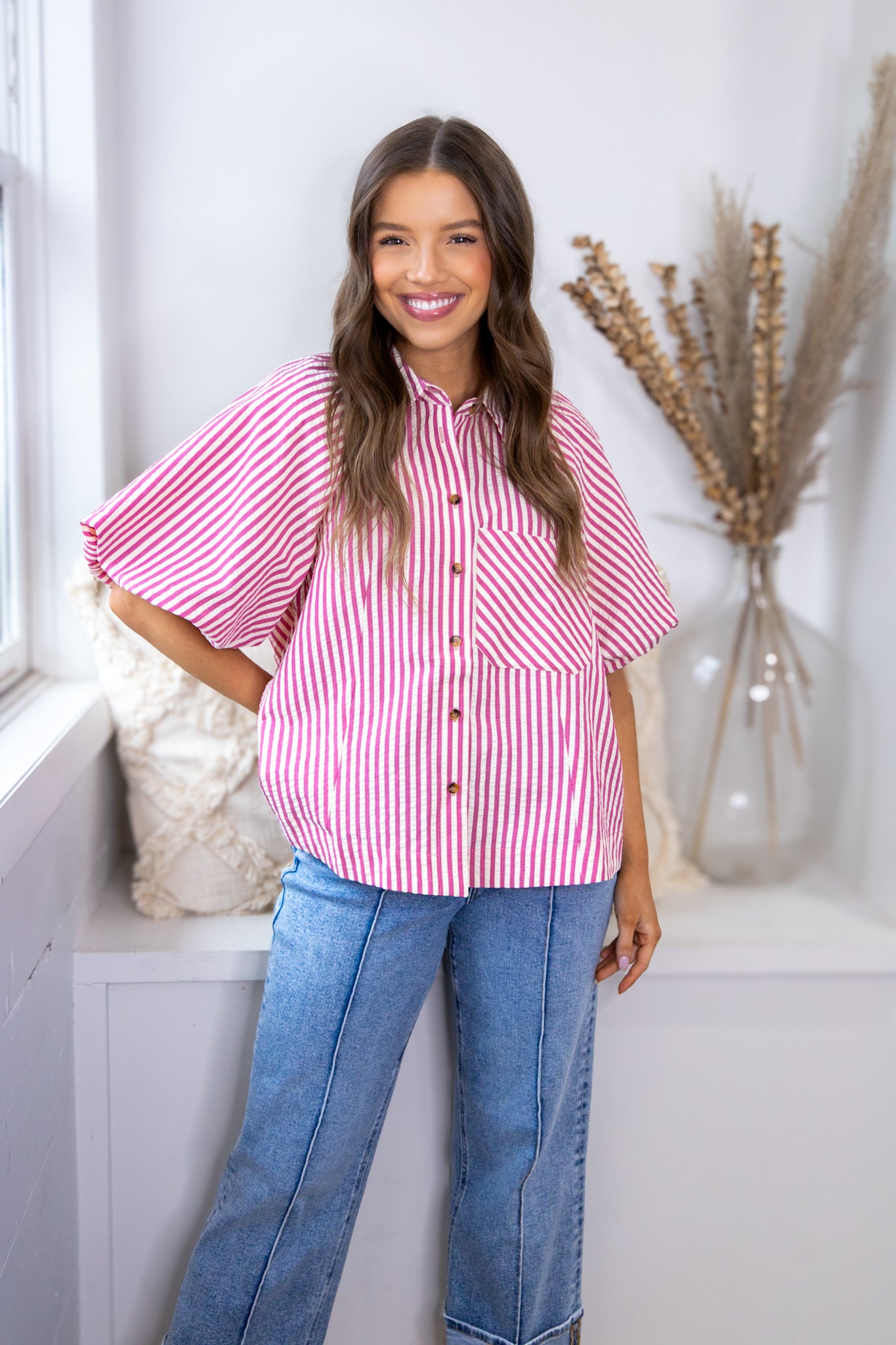 Pink Raspberry Bubble Button Down Top