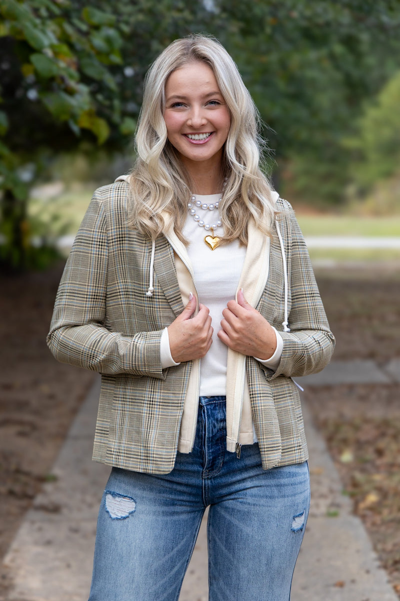 Drew Blazer With Sweatshirt Insert- Brown Plaid