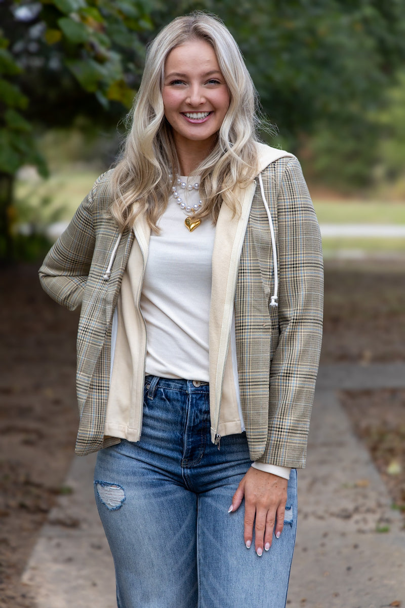 Drew Blazer With Sweatshirt Insert- Brown Plaid