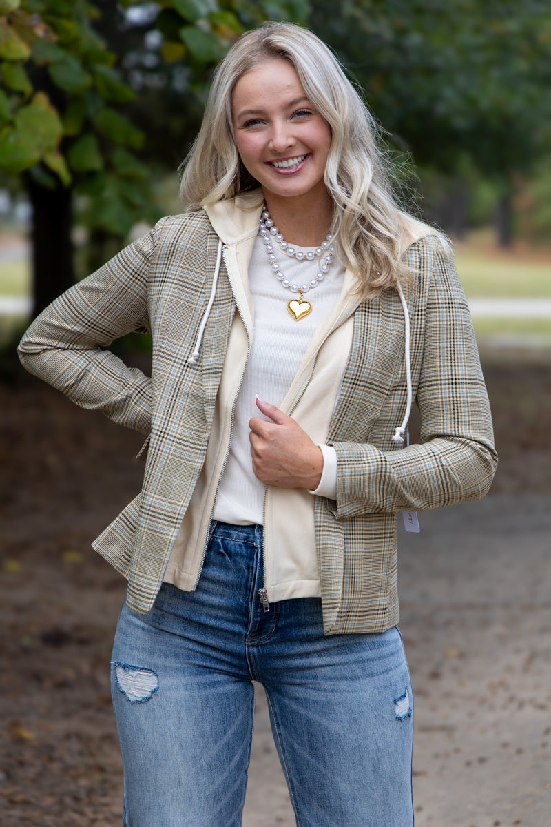 Drew Blazer With Sweatshirt Insert- Brown Plaid