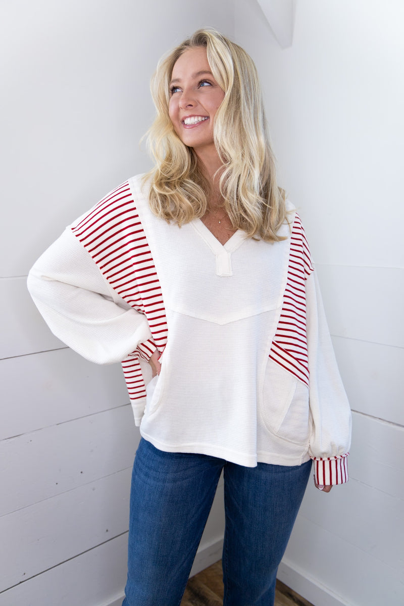 Oversized Striped Waffle Top - Ivory