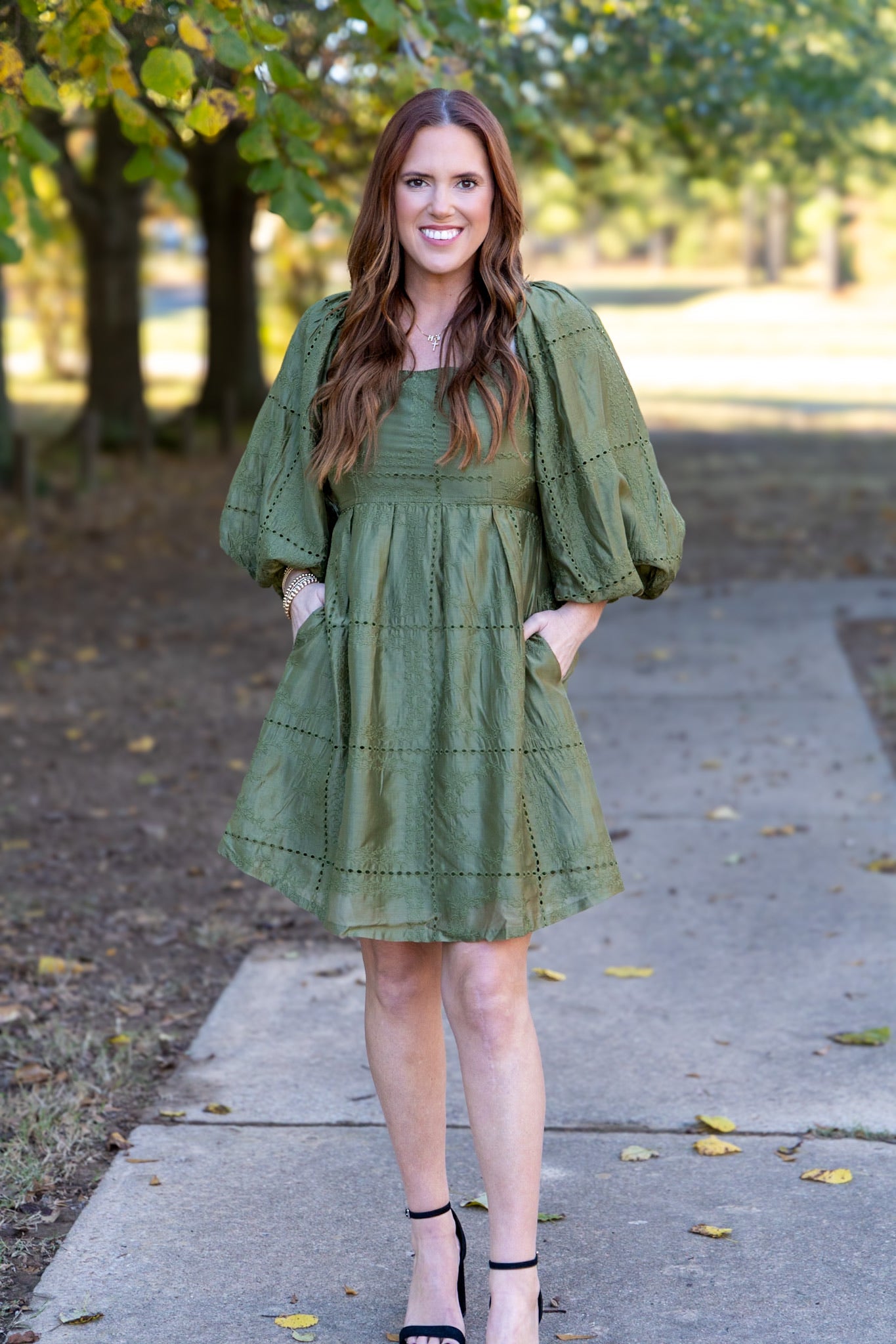 Nellie Eyelet Puff Sleeve Dress - Olive