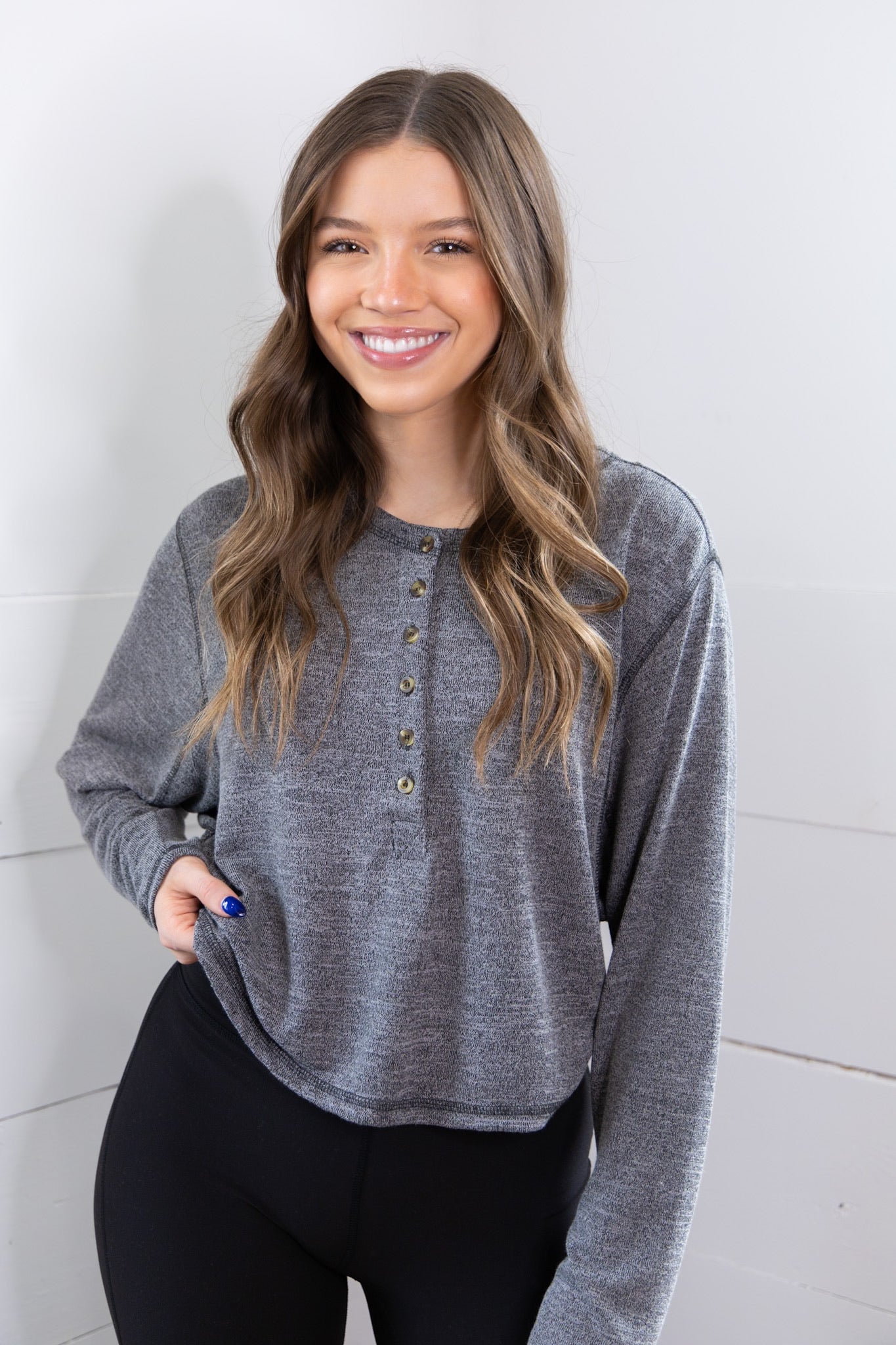 Loretta Button Top - charcoal