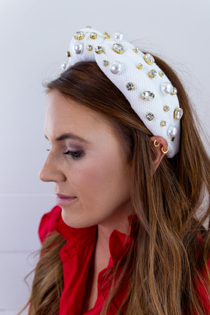 Brianna Cannon: White Twill With Crystals and Pearls Headband