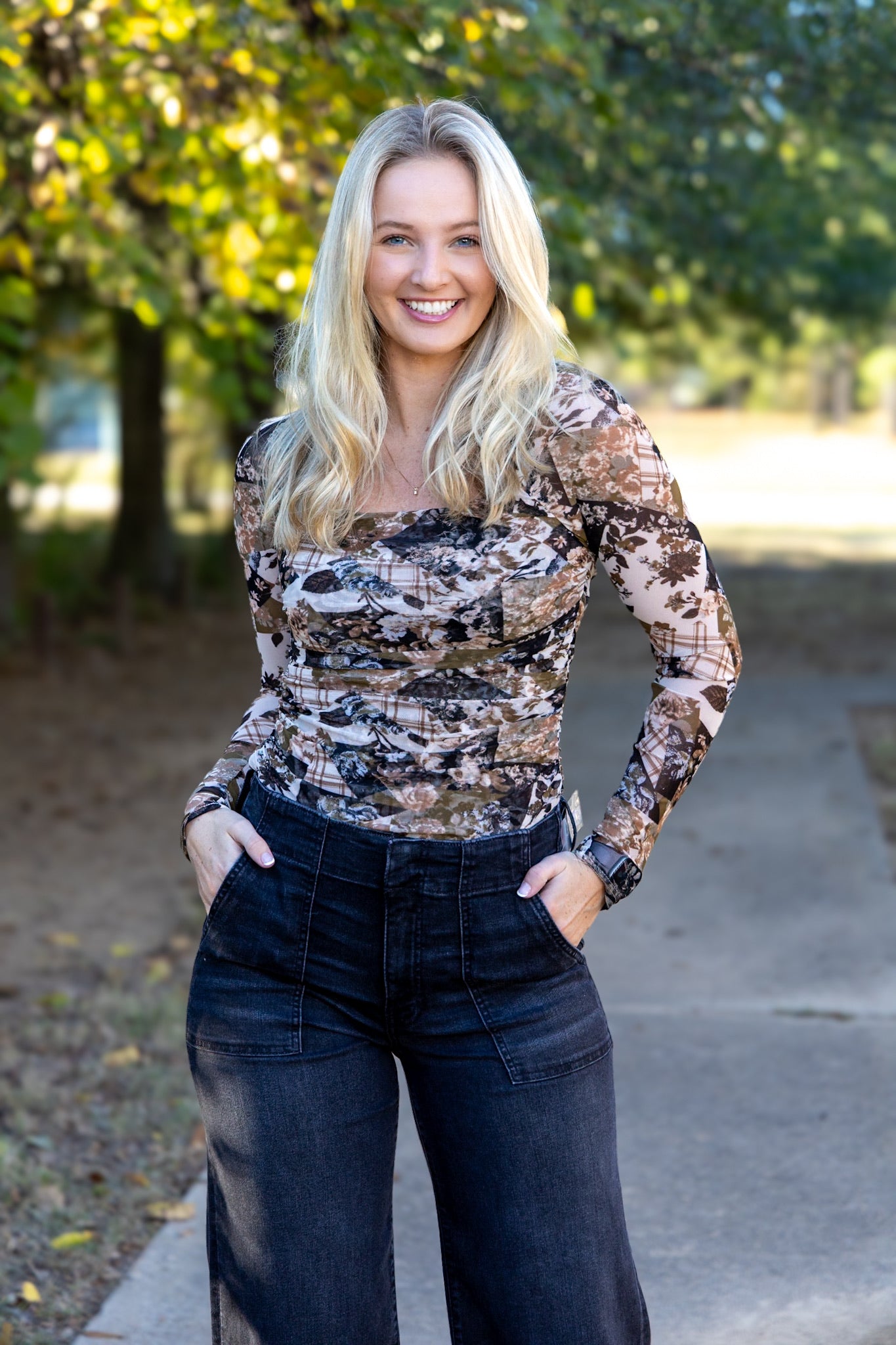 Floral Mesh Fitted Top- Beige Olive