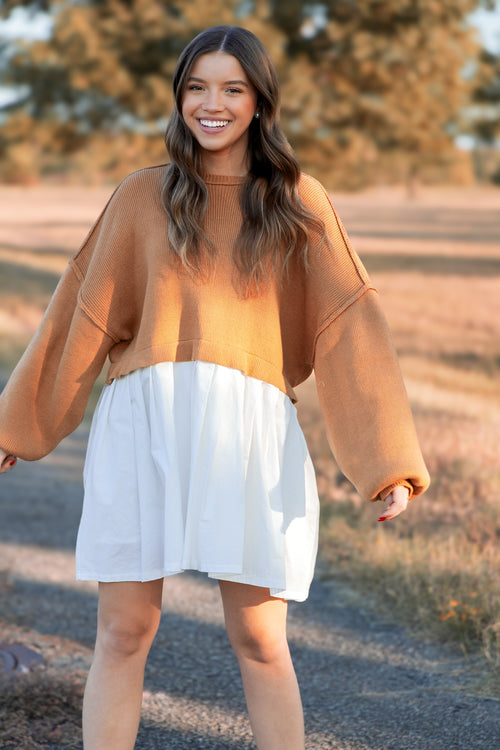 Sweater Dress Combo Dress- Caramel