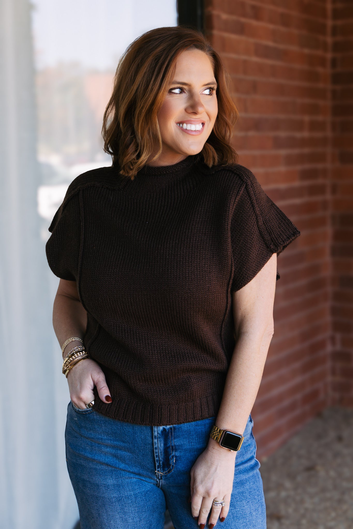Short Sleeve Sweater Top - Brown