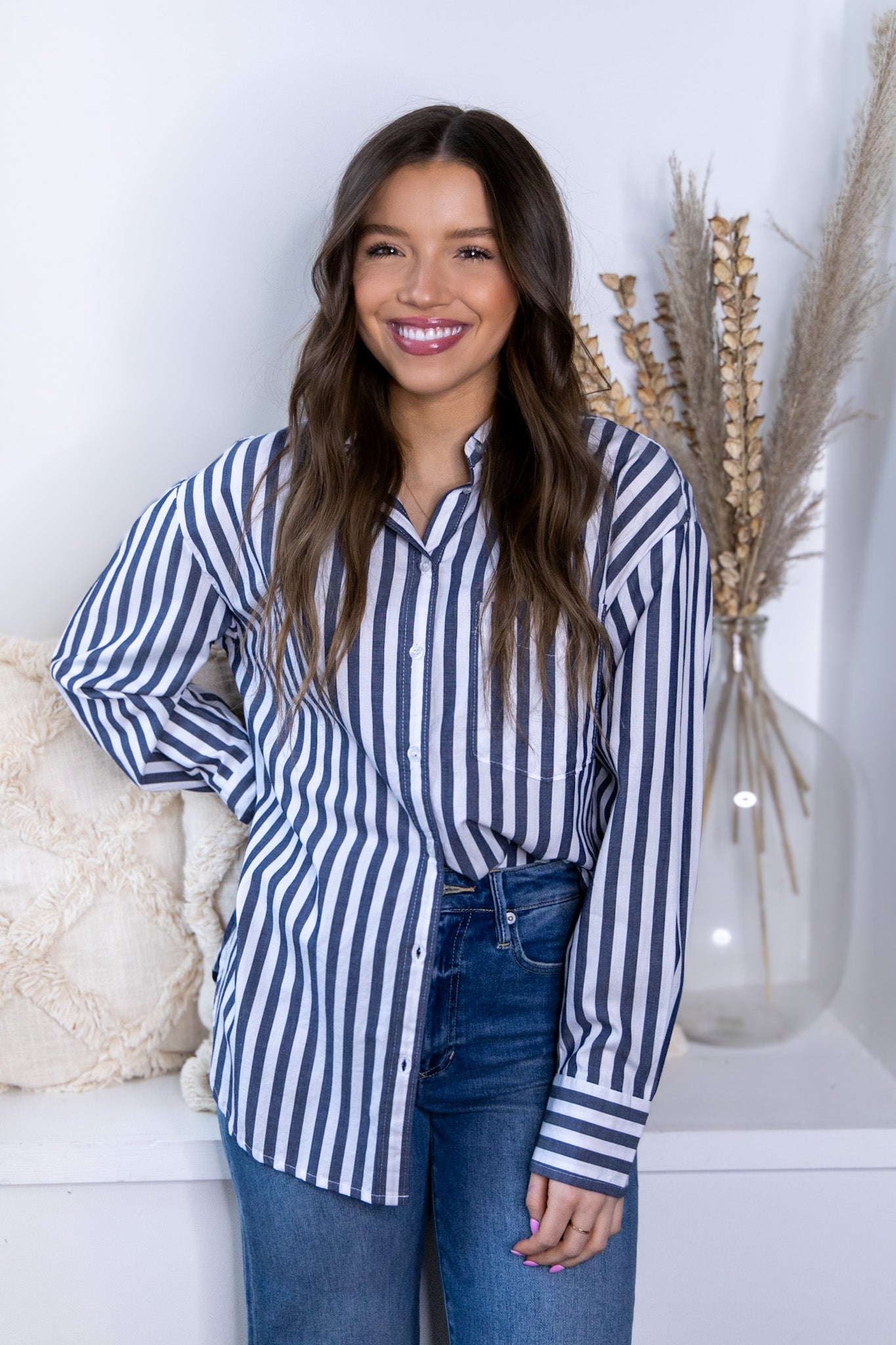 Waylon Striped Oversized Button Front Top