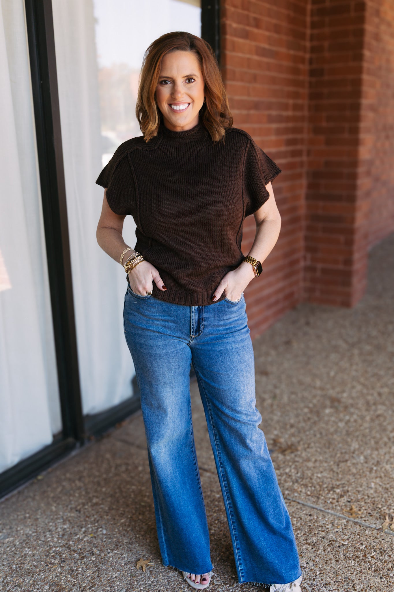 Short Sleeve Sweater Top - Brown