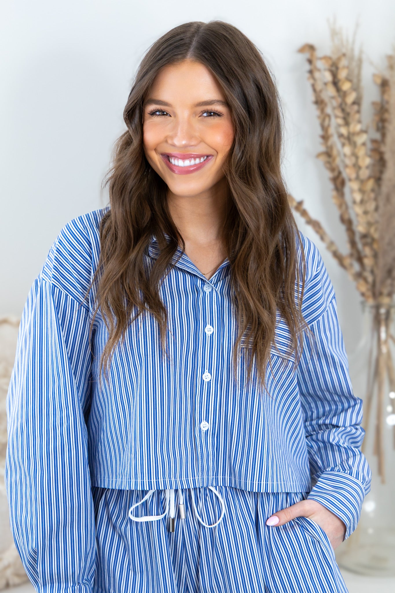 Maris Cropped Button Front Top - Navy Stripe