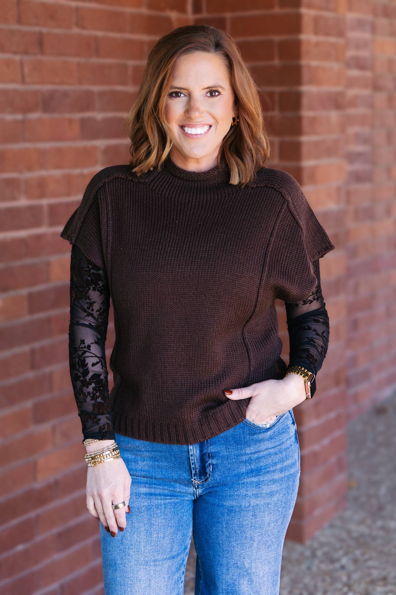 Short Sleeve Sweater Top - Brown