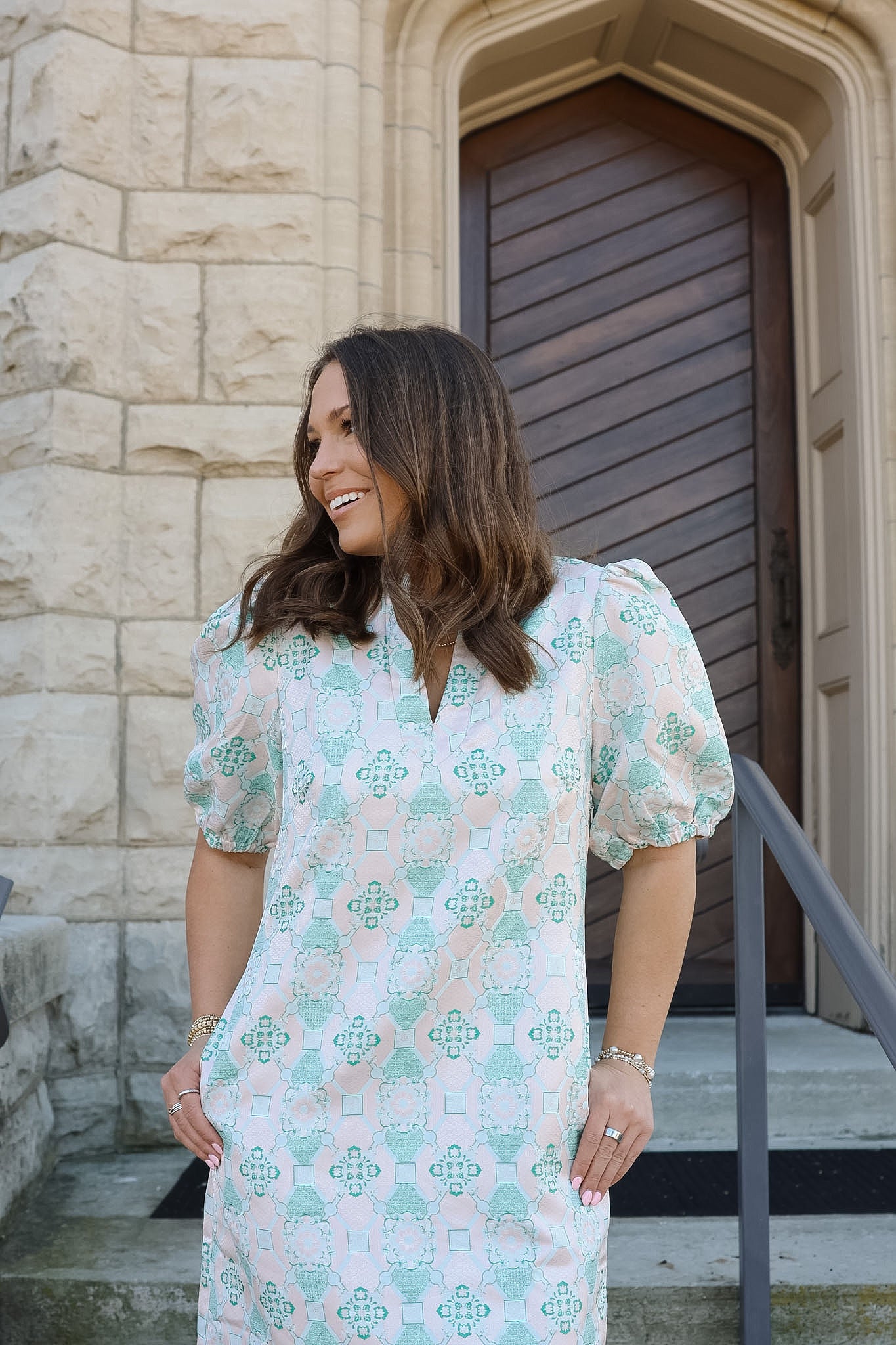 Antique Jacquard Collar V-Neck Dress