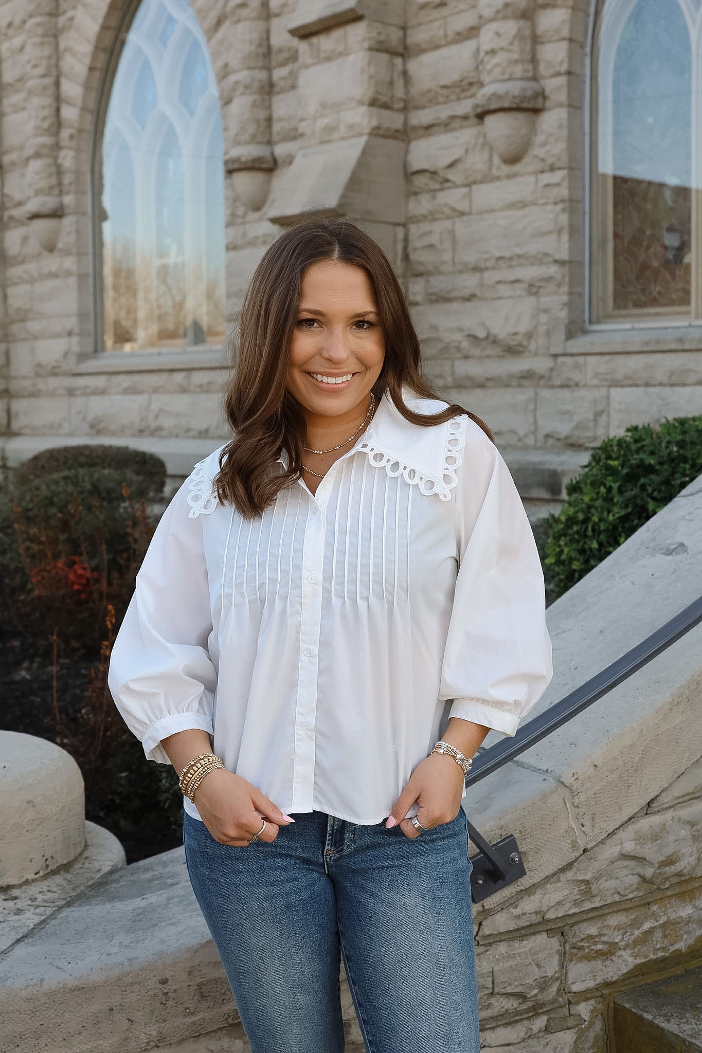 White Pin Tuck Collar Blouse