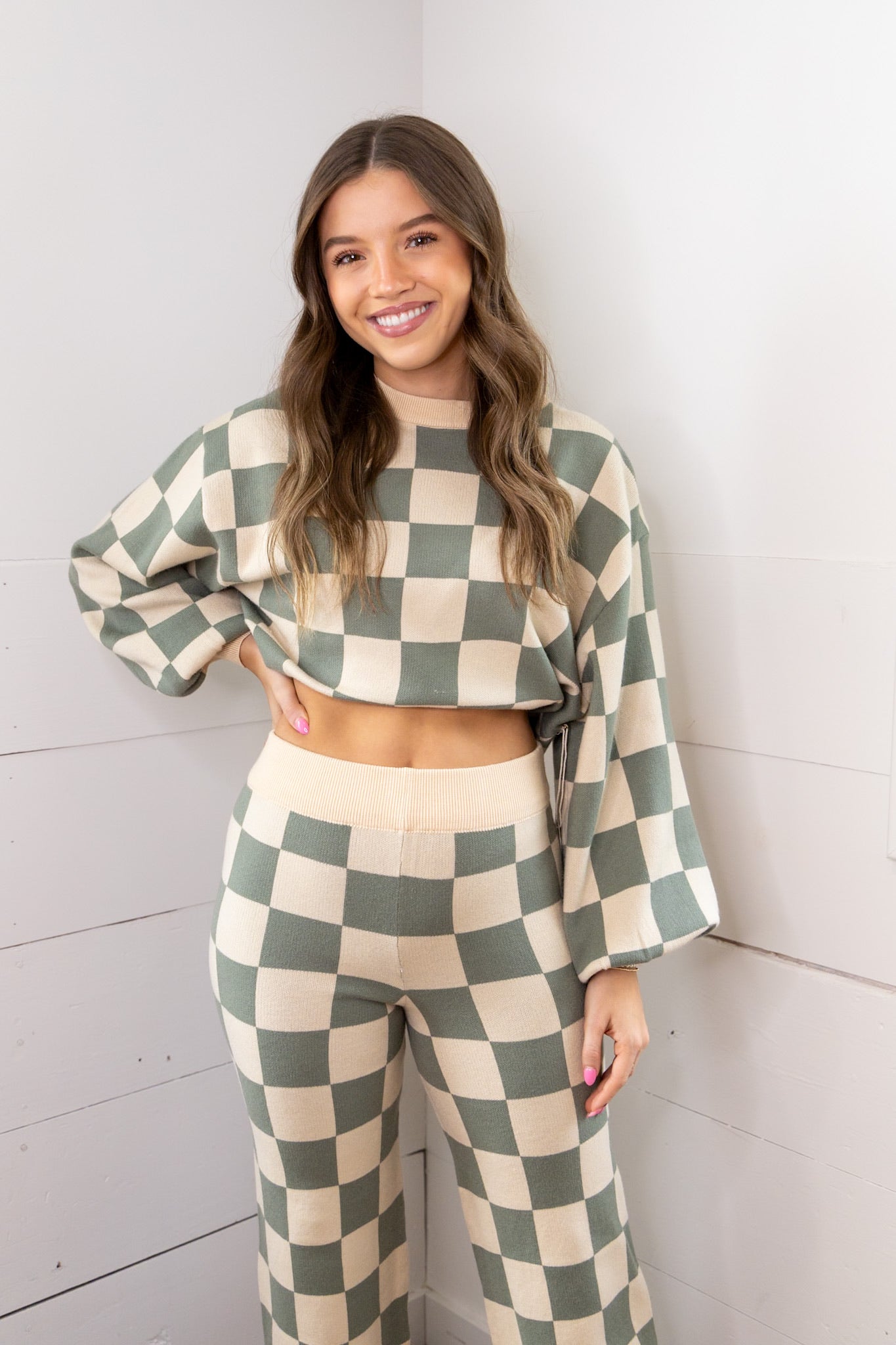 Throwback Checkered Flare Pant- Sage