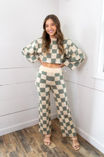 Throwback Checkered Flare Pant- Sage