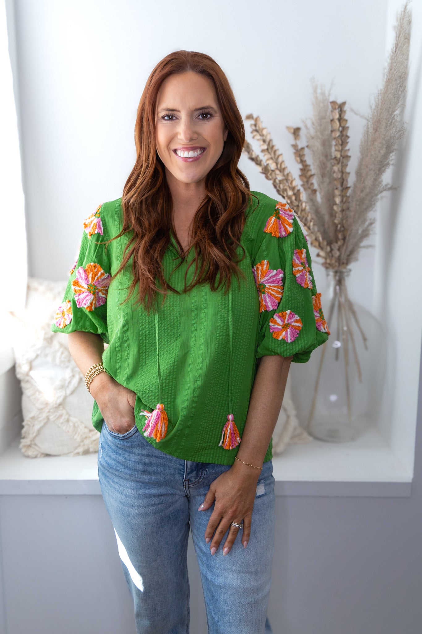 Edith Embroidered Floral Top - Green