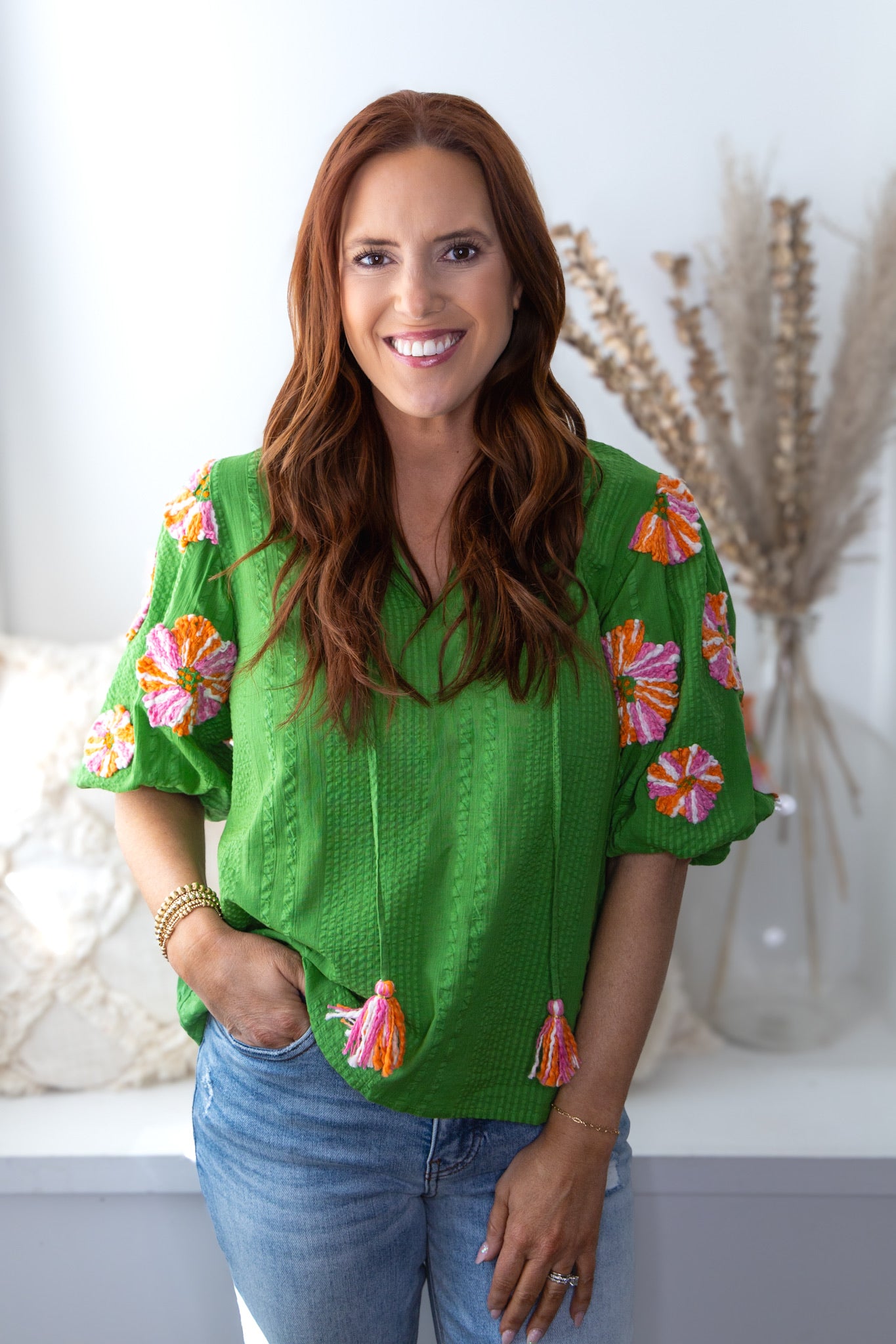 Edith Embroidered Floral Top - Green