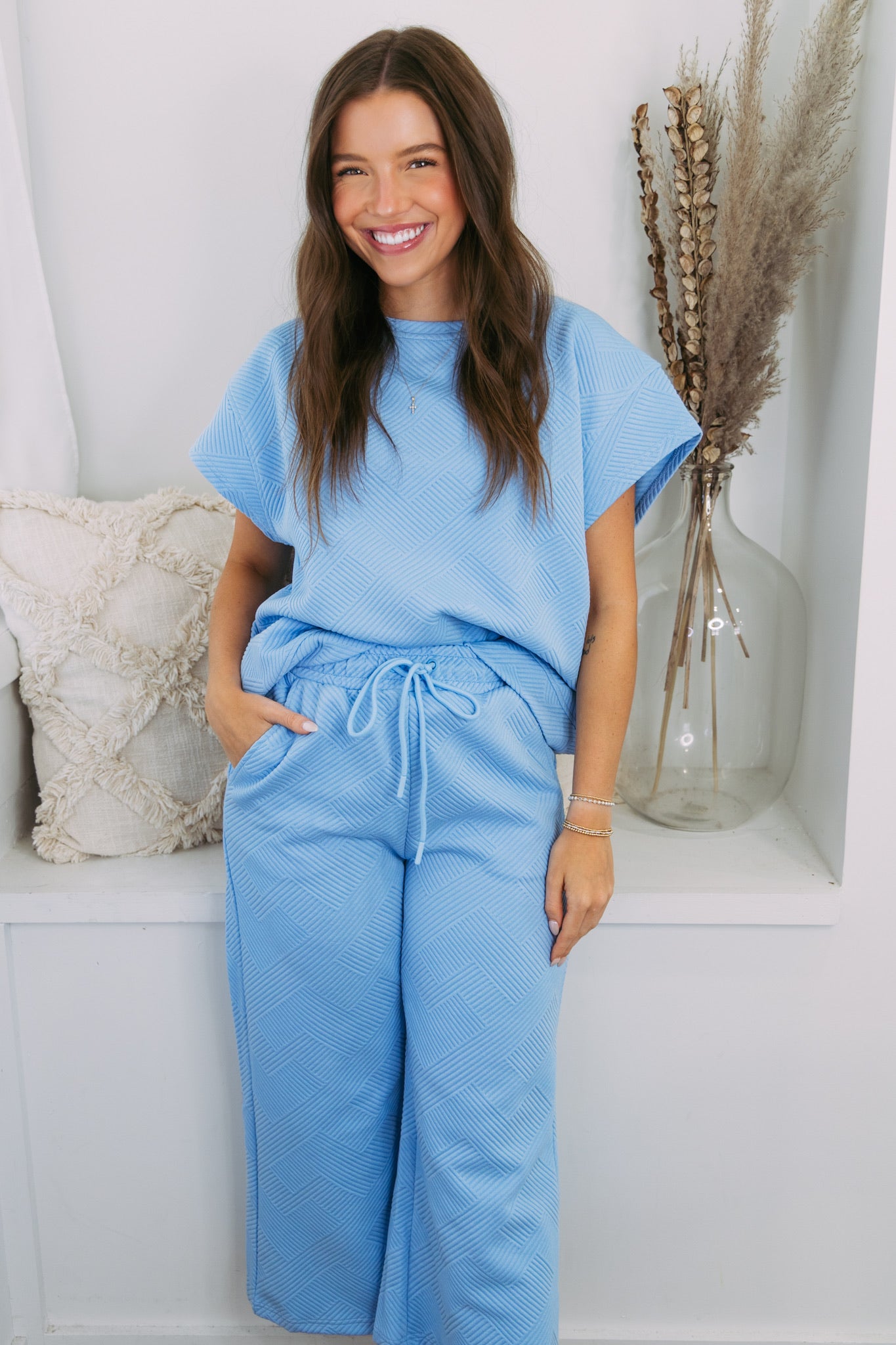 Claire Stitch Crop Wide Leg Pants - Light Blue