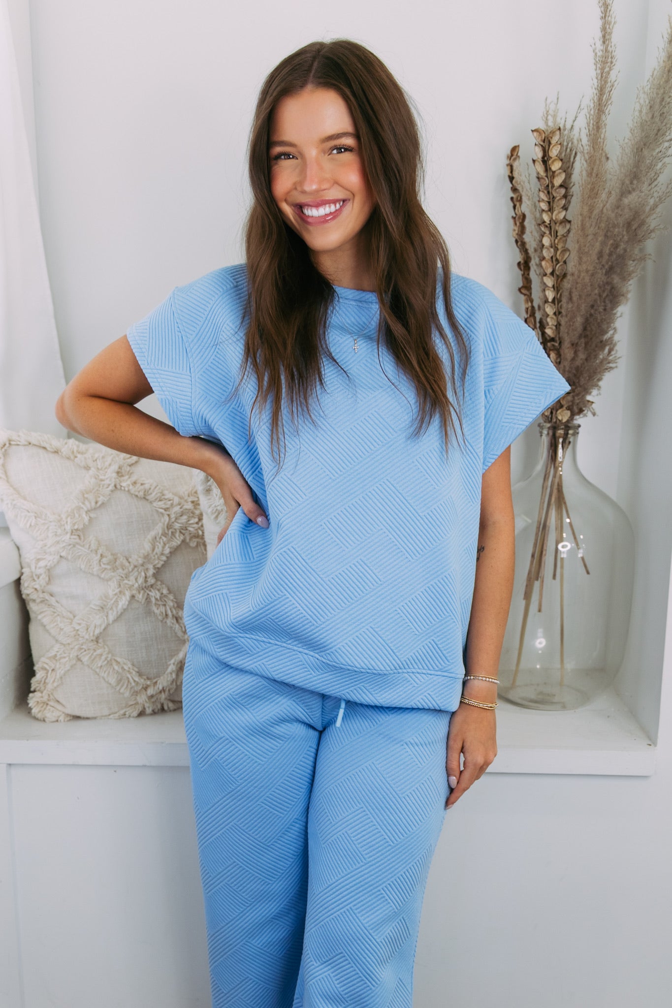 Claire Stitched Top - Light Blue