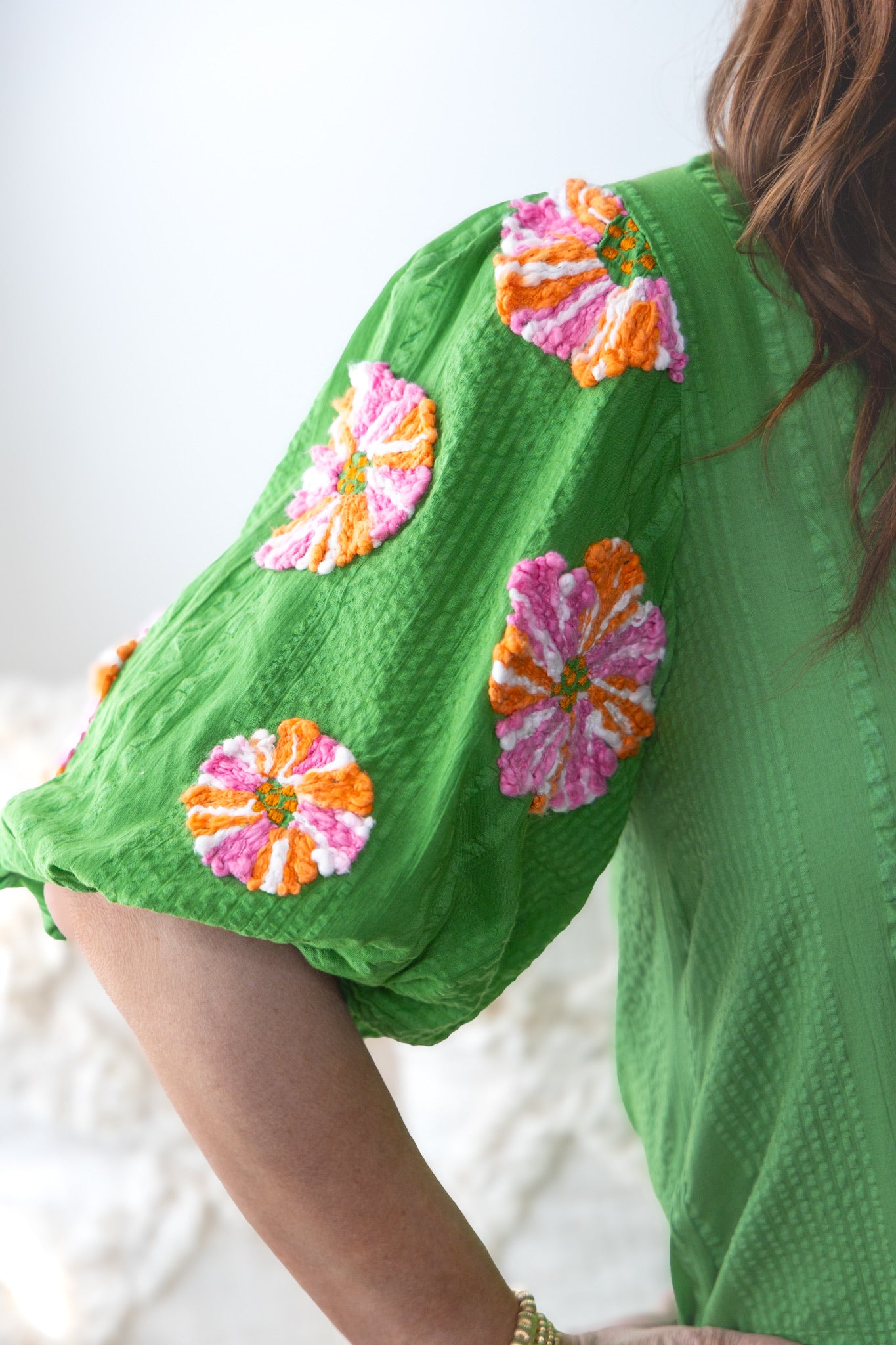 Edith Embroidered Floral Top - Green