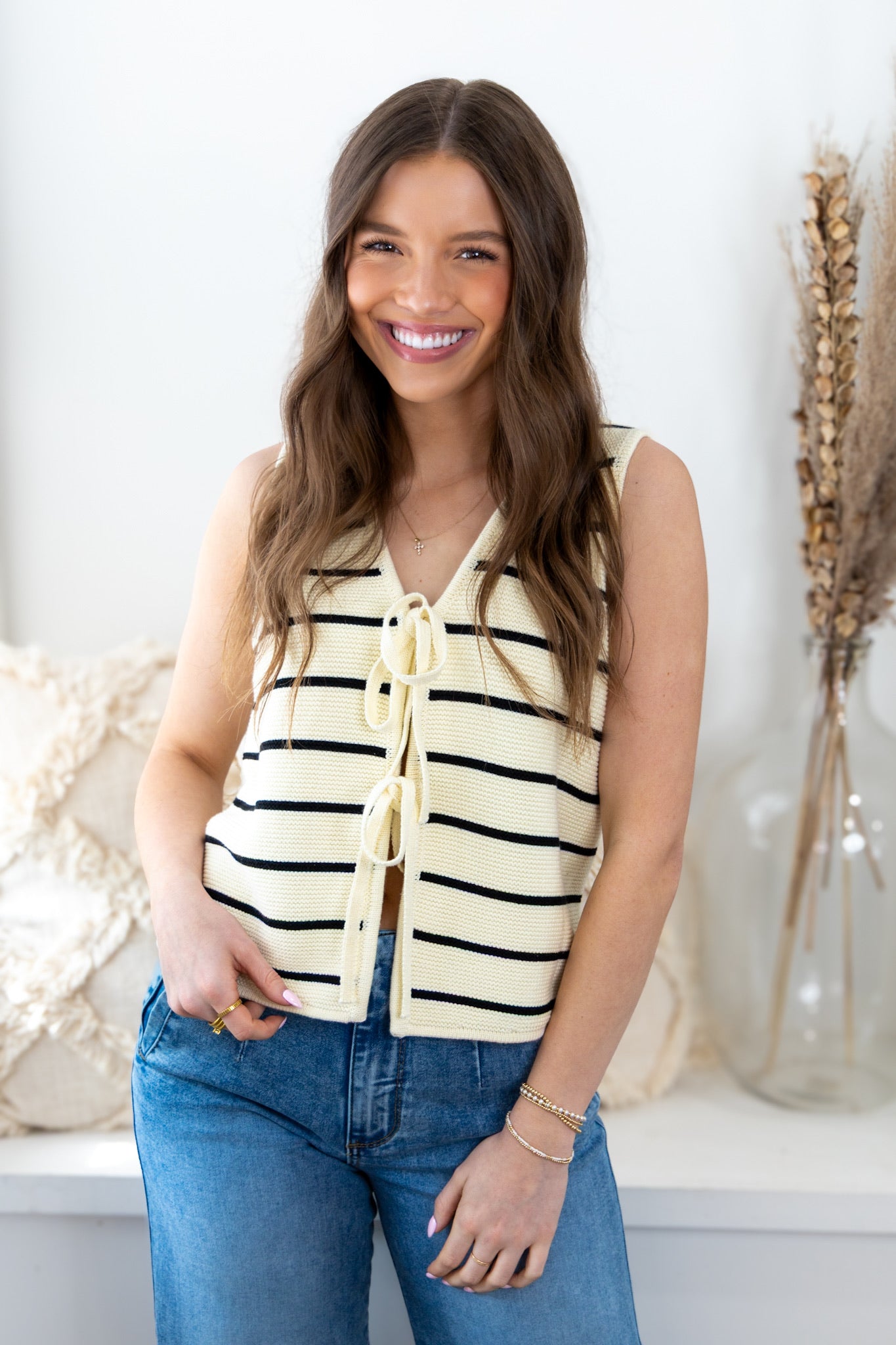 Mckinley Tie Front Knit Vest - White/Black Stripe